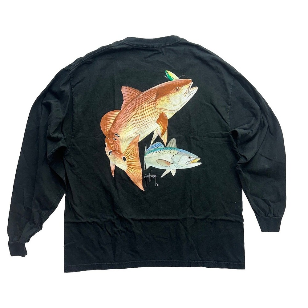VINTAGE Guy Harvey Long Sleeve Pocket T-Shirt Adult Size XL AFTCO Black Y2K